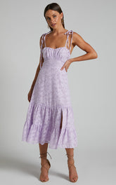 Jovena Midi Dress - Gathered Bodice Tiered Dress in Lilac