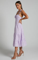 Jovena Midi Dress - Gathered Bodice Tiered Dress in Lilac