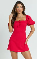 Jules Mini Dress - Puff Sleeve Square Neck Fit And Flare Dress in Red