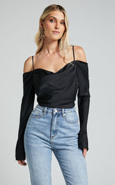 Julian Top - Off Shoulder Long Sleeve Cowl Neck Top in Black