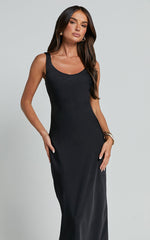 Julie Midi Dress - Scoop Neck Low Back Satin Slip Dress in Black