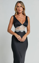 Juliet Midi Dress - V Neck Lace Insert Satin Slip Dress in Black/Beige