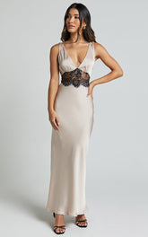 Juliet Midi Dress - V Neck Lace Insert Satin Slip Dress in Champagne