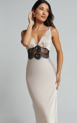 Juliet Midi Dress - V Neck Lace Insert Satin Slip Dress in Champagne