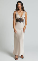 Juliet Midi Dress - V Neck Lace Insert Satin Slip Dress in Champagne