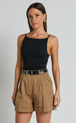 Khaimy Shorts - High Waisted Cuffed Shorts in Tan