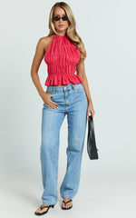 Kaiden Top - Halter Neck Backless Ruched Top in Red