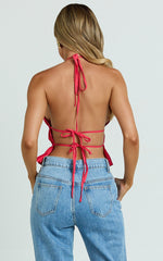Kaiden Top - Halter Neck Backless Ruched Top in Red