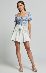 Karina Top - Puff Sleeve Ruched Bodice Corset Top in Blue Floral