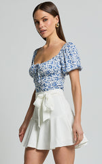 Karina Top - Puff Sleeve Ruched Bodice Corset Top in Blue Floral