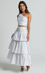 Kaycie Two Piece Set - One Shoulder Asymmetrical Ruched Top and Tiered Midi Skirt Set in White