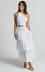 Kaycie Two Piece Set - One Shoulder Asymmetrical Ruched Top and Tiered Midi Skirt Set in White