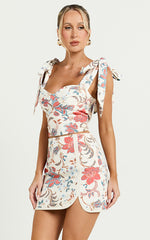 Kelsie Mini Skirt - Linen Mid Waist Side Split Skirt in Summer Chintz