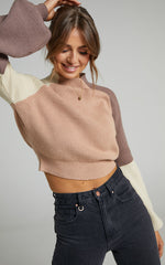 Kensley Jumper - Colour Block Turtleneck Balloon Sleeve Knit Jumper in Beige