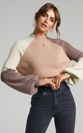 Kensley Jumper - Colour Block Turtleneck Balloon Sleeve Knit Jumper in Beige