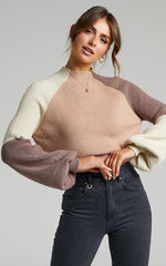 Kensley Jumper - Colour Block Turtleneck Balloon Sleeve Knit Jumper in Beige