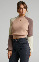 Kensley Jumper - Colour Block Turtleneck Balloon Sleeve Knit Jumper in Beige
