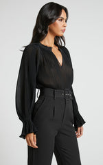 Kerray Top - V Neck Long Sleeve Pleated Top in Black