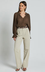 Kerray Top - V Neck Long Sleeve Pleated Top in Mocha