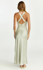 Khalani Maxi Dress - Deep V Neck Satin Slip Dress in Light Olive