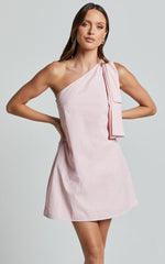 Khirara Mini Dress - One Shoulder Bow Detail Dress in Soft Pink