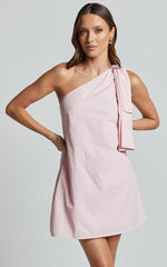 Khirara Mini Dress - One Shoulder Bow Detail Dress in Soft Pink