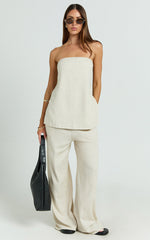 Kiesha Two Piece Set - Strapless Longline Top and Pants Set in Oatmeal