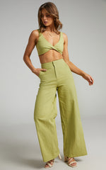 Kingston Two Piece Set - Twist Front Twill and Wide Leg Pants Set in Green