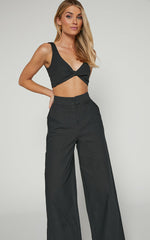 Kingston Two Piece Set - Twist Front Twill and Wide Leg Pants Set in Black