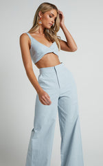 Kingston Two Piece Set - Twist Front Twill and Wide Leg Pants Set in Blue