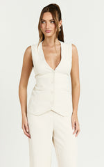 Kira Top - Tailored Longline Tie Back V Neck Vest in Bone