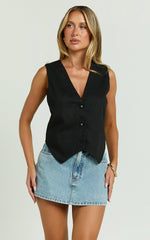 Kiraye Top - Linen Button Through Vest in Black