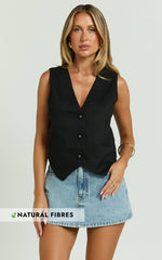 Kiraye Top - Linen Button Through Vest in Black