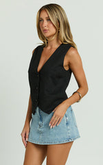 Kiraye Top - Linen Button Through Vest in Black