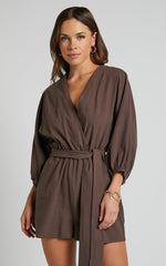 Kiro Playsuit - Linen V Neck Puff Sleeve Tie Waist Playsuit in Chocolate