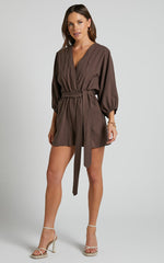 Kiro Playsuit - Linen V Neck Puff Sleeve Tie Waist Playsuit in Chocolate