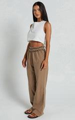 Kylie Pants - High Frayed Elasticated Waist Linen Look Pants in Mushroom
