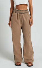 Kylie Pants - High Frayed Elasticated Waist Linen Look Pants in Mushroom
