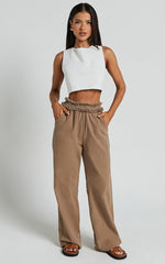 Kylie Pants - High Frayed Elasticated Waist Linen Look Pants in Mushroom