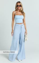 Kyra Pants - Linen Look Belted Wide Leg Pants in Blue