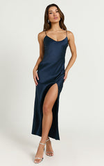 Lacie Midi Dress - V Neck Leg Split Low Back dress in Navy