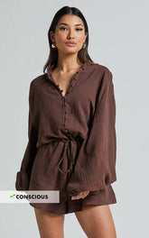 Laylani Playsuit - V Neck Puff Sleeve in Chocolate