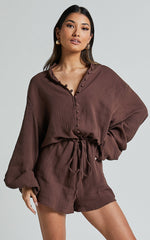 Laylani Playsuit - V Neck Puff Sleeve in Chocolate