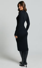 Leahanna Midi Dress - Button Front Knit Dress in Black