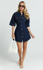 Leilani Mini Dress - Denim Short Sleeve Button Up Dress with Gold Hardware in Indigo Denim