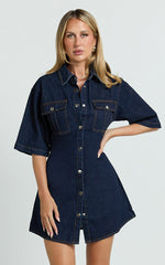 Leilani Mini Dress - Denim Short Sleeve Button Up Dress with Gold Hardware in Indigo Denim