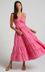 Leticia Midi Dress - Twist Front Tie Strap Tiered Dress in Hot Pink