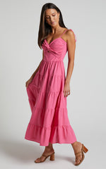 Leticia Midi Dress - Twist Front Tie Strap Tiered Dress in Hot Pink
