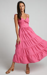 Leticia Midi Dress - Twist Front Tie Strap Tiered Dress in Hot Pink