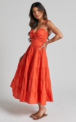 Leticia Midi Dress - Twist Front Tie Strap Tiered Dress in Orange